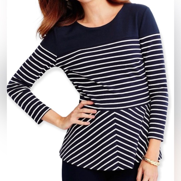 Talbots Nautical Stripe Peplum Top Navy Size Medium - Picture 1 of 6